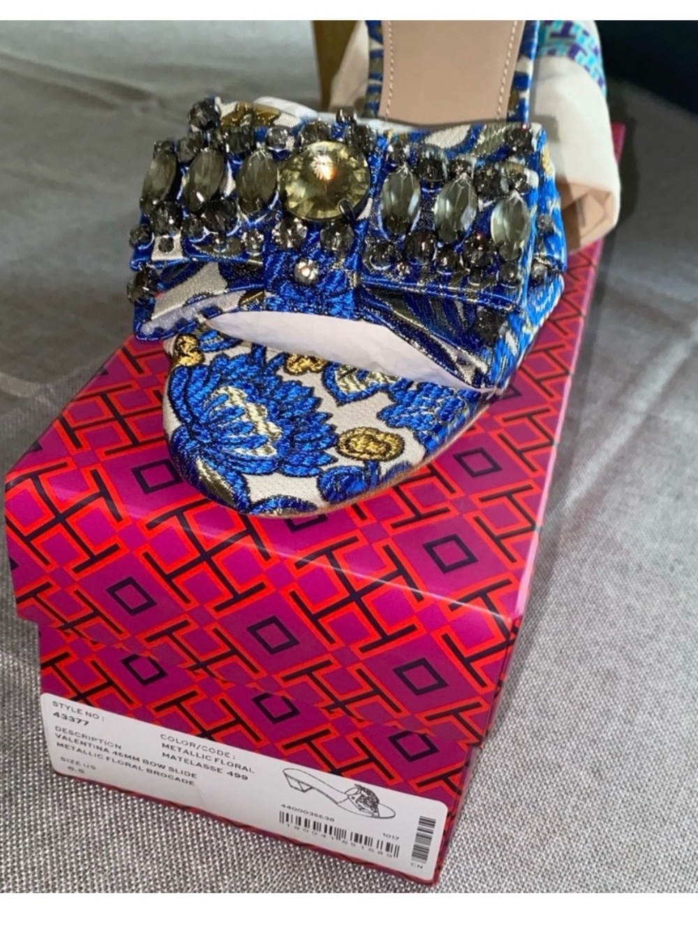Tory Burch Blue & Gold Embellished Open-Toe Mule - Picture 2 of 5